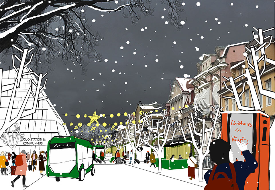 Norra Järnvägsgatan under vintern med tecknade personer träd och en byggnad i glas
